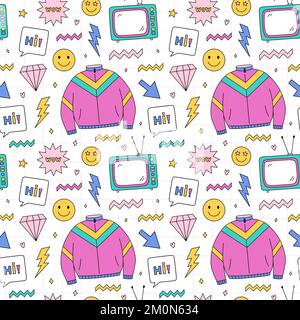 Bright seamless pattern with items from the nineties - sports jacket, retro tv, smile, lightning, diamonds and stars on checkered background. Nostalgia for the 1990s.Perfect for print, wrapping paper Stock Vector
