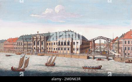 View of the ancient Winter Palace belonging to her imperial majesty, and of the canal which joins the Moika to the Neva, at St. Petersburg.  St. Petersburg, Russia.  After a late 18th century work by an unidentified artist. Stock Photo