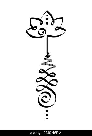 Unalome lotus flower symbol, Hindu or Buddhist sign representing path to enlightenment. Yantras Tattoo icon. Simple black and white ink drawing Stock Vector