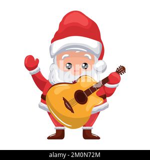 Santa claus with acoustic guitar singing Christmas carols for merry christmas card Stock Vector