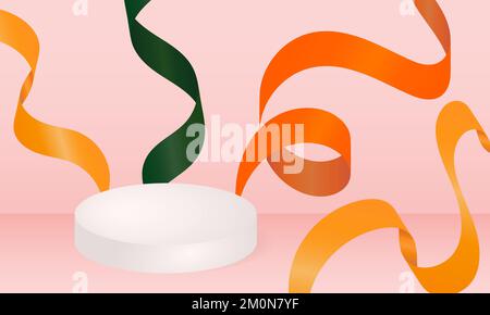 3d product display podium background with colorful ribbons. Festive scene background. Product presentation, mock up, stage pedestal, cylinder podium Stock Vector