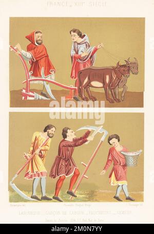 Costumes of French farm labourers and peasants, 13th century. Peasants in hooded tunics plowing with oxen, farmer harvesting and man sharpening sickle, and boy sowing seeds. Laboureur, garcon de labour, faucheurs, semeur. France XIIIe Siecle. Chromolithograph by P. Thurwanger after Charles-Auguste Racinet from Charles Louandre’s Les Arts Somptuaires, The Sumptuary Arts, Hangard-Mauge, Paris, 1858. Stock Photo