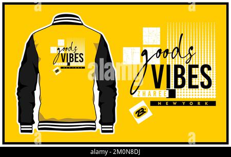 A vector design of a varsity jacket in yellow and black colors with editable writings on the back Stock Vector