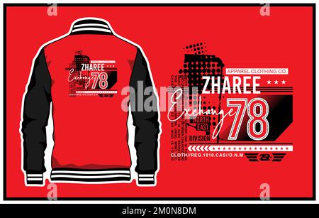 A vector design of a varsity jacket in red and black colors with editable prints on the back Stock Vector