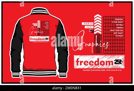 A vector design of a varsity jacket in red and black colors with editable writings on the back Stock Vector