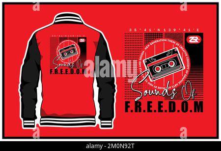 A vector design of a varsity jacket in red and black colors with an editable print on the back Stock Vector