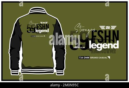 A vector design of a varsity jacket in olive green and black with an editable print on the back Stock Vector