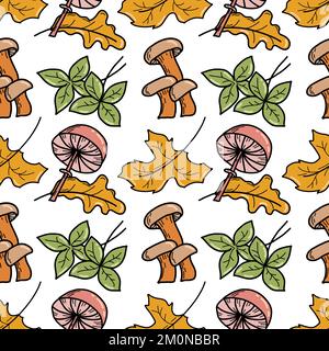 Mushroom and leafs. Vector seamless autumn pattern with mushrooms and wild strawberries. Autumn leaves. Doodle illustration. Stock Vector