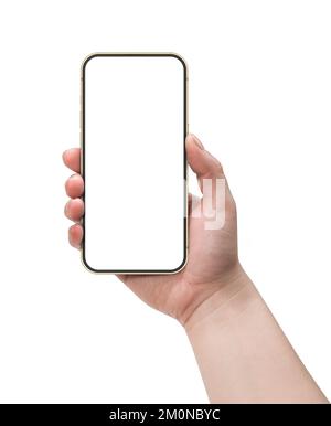 Woman hand holding smart phone with blank screen isolated on white. Template, mockup Stock Photo