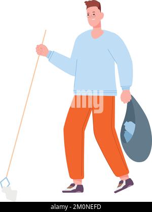 Man collecting trash outdoors. Environment cleaning person isolated on white background Stock Vector