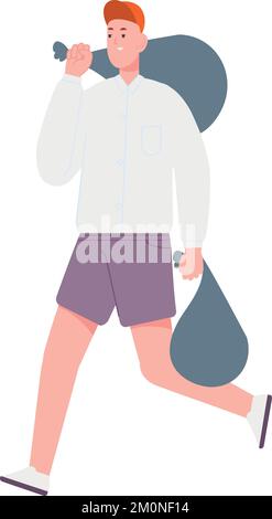 Young man carrying trash bags. Guy throwing garbage isolated on white background Stock Vector
