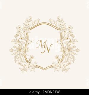 MN Initial Wedding Monogram Logo Crest, Wedding Logo Design, Custom Wreath Wedding Monogram, Crest Initial Wedding Logo Stock Vector