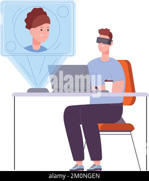 Virtual work meeting. Man in headset. Augmented reality isolated on white background Stock Vector