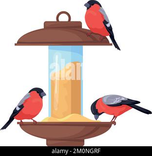 Bird feeder with eating wild bullfinch cartoon icon isolated on white background Stock Vector