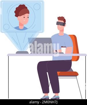 Virtual work meeting. Man in headset. Augmented reality isolated on white background Stock Vector