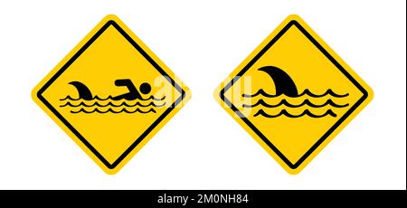 Stop, beware of sharks sigboard. Cartoon shark warning sign for beach people in the water or ocean zone. Stickman swimming. Shark sighting sign, beach Stock Photo