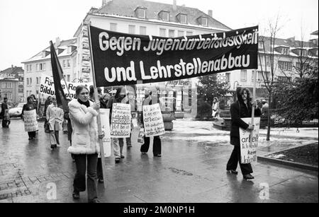 Young unemployed people demonstrated against unemployment and apprenticeship cuts in Solingen, Germany on 14.12.1074 Stock Photo