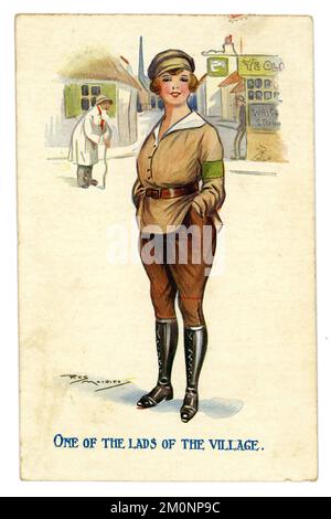 Original WW1 era comic cartoon postcard of a pretty WAAC (Women’s Army Auxiliary Corps) dressed for driving, motor cycle riding or mechanic's work - she is doing men's work whilst the men are at the front, she is now 'one of the lads of the village' published by Regent Publishing Co. Ltd. London, no. 3340. circa 1918, U.K.