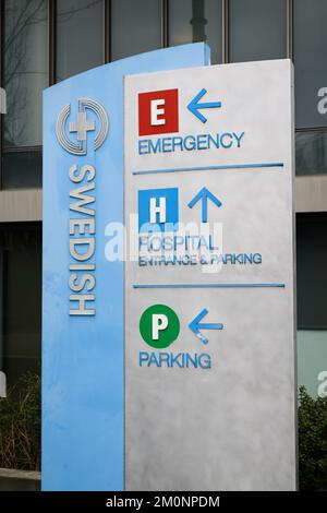 Seattle, WA, USA - March 06, 2022; Vertical sign at Swedish Medical Center at First Hill Campus in Seattle with directions Stock Photo