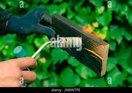 DIY process. Wood fire treatment with a gas burner Stock Photo