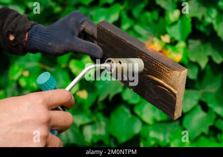 Wood fire treatment with a gas burner. DIY process. Stock Photo