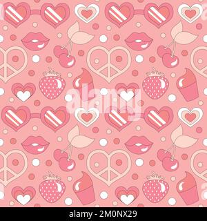 Seamless pattern with retro hearts and sparkles. Vector illustration. Stock Vector