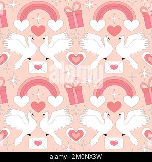 Seamless pattern with retro hearts and sparkles. Vector illustration. Stock Vector