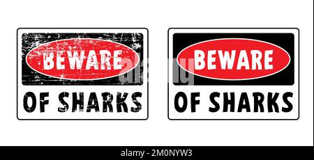 Stop, beware of sharks sigboard. Cartoon shark warning sign for beach people in the water or ocean zone. Stickman swimming. Shark sighting sign, beach Stock Photo