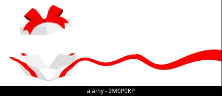 Open white gift box with wavy red ribbon line, isolated on background. Flat style vector banner. Stock Vector