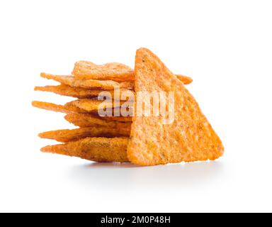 Tortilla chips with the flavor of chili peppers isolated on the white background. Stock Photo