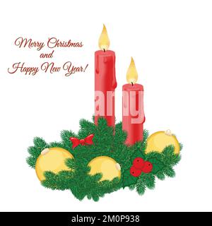Christmas time, Red candles with yellow balls and green branches on white background, vector illustration Stock Vector