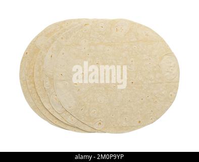 five wheat round tortillas or pita lavash round flat bread from above, isolated on white background Stock Photo