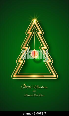 Gold geometric christmas tree with handwritten calligraphy isolated on green background. Design template for greeting card, invitation, flyer, poster. Stock Vector