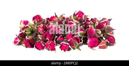 Heap of dry tea roses buds isolated on white background. Rose flower tea. Phnom Penh rose tea. Clipping path Stock Photo