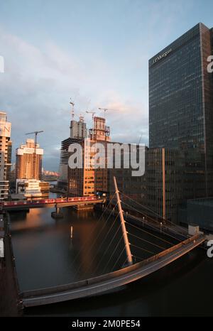 Modern office building in the Canary Wharf financial centre at sunset. London United Kingdom Stock Photo