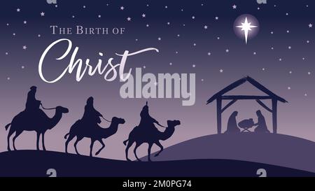 Nativity scene - silhouette Jesus in manger, wisemen and Bethlehem star. Three kings, camels, Mary, Joseph and Bethlehem star. Vector illustration Stock Vector