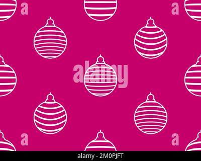 Seamless pattern with white outlines of Christmas balls on a Viva magenta background. Contour of striped white Christmas balls. Xmas design for greeti Stock Vector