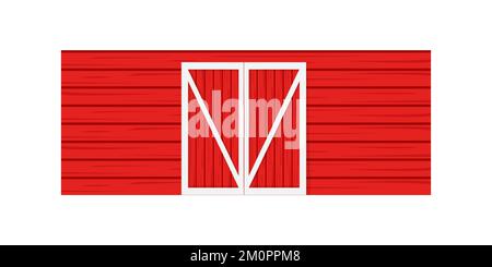 Red wooden door on barn wall. Front view. Element of American farm warehouse building isolated on white background. Vector cartoon illustration. Stock Vector