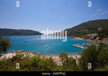 Porto Venere, La Spezia, Liguria, Italy - 05 August 2022: View over the beach libera delle Terrazze to the sea. Stock Photo