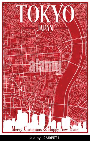 Red vintage hand-drawn Christmas postcard of the downtown TOKYO, JAPAN with highlighted city skyline and lettering Stock Vector