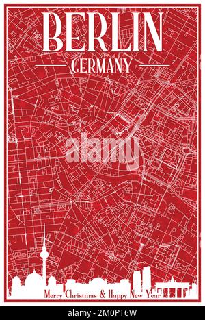 Red vintage hand-drawn Christmas postcard of the downtown BERLIN, GERMANY with highlighted city skyline and lettering Stock Vector