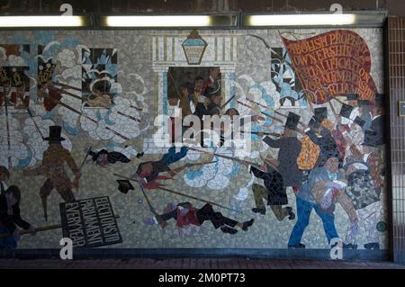 The Chartist Mural which was a mosaic mural designed by artist Kenneth Budd and created in 1978 in a pedestrian underpass in Newport, South Wales. It commemorated the Newport Rising of 1839, in which an estimated 22 demonstrators were killed by troops. It was controversially destroyed to make way for a new city centre development in 2013. Stock Photo