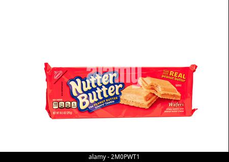 A package of Nutter Butter crispy wafers filled with peanut butter creme by Nabisco, isolated on white Stock Photo