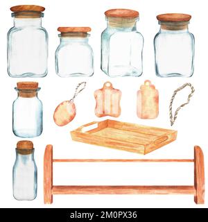Set of watercolor illustrations. Glass pots, jars, labels, wooden shelf and tray Stock Photo