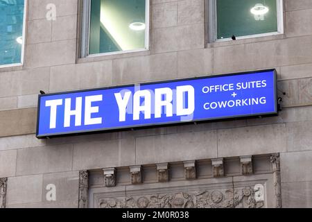 Signage for The Yard coworking space, shared workspace, rental office space at a location in Midtown Manhattan, New York City Stock Photo