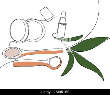 Continuous drawing of one line of bottles with oil or honey or lemon or lime juice for scrubbing and body skin care with natural herbal skin care products, top view of ingredients. Vector illustration Stock Vector