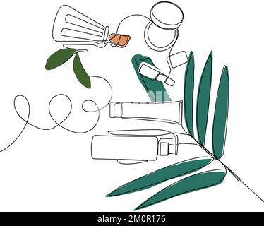Continuous drawing of one line of bottles with oil or honey or lemon or lime juice for scrubbing and body skin care with natural herbal skin care products, top view of ingredients. Vector illustration Stock Vector
