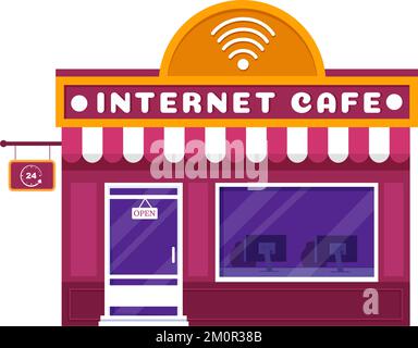 Internet Cafe Building for Playing Games, Workplace use a Laptop, Talking and Drinking in Flat Cartoon Hand Drawn Templates Illustration Stock Vector