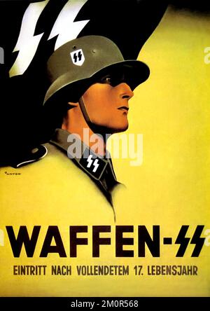 1935 ca, GERMANY  : The german Fuhrer dictator  ADOLF HITLER ( 1889 - 1945  ), leader of the Third Reich . Poster propaganda for the NAZIST military enlistment in WAFFEN SS  Schutzstaffel ( Eintritt Nach Vollendetem 17 . Lebensjahr - trad: Entry After Turning 17 . age ). National Socialist organization, the most important carrier of terror and the policy of extermination of the National Socialist state was the SS . Designed by illustrator ANTON .  - WWII - NAZI - NAZIST -NAZISM - NAZISTA - NAZISMO - SECONDA GUERRA MONDIALE - WW2 - WORLD WAR II - dittatore - POLITICA - POLITICO - profilo - prof Stock Photo