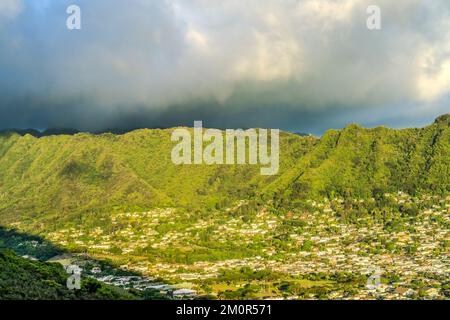 Colorful Rain Storm Coming Green Manoa Valley Houses Tantalus Outlook Honolulu Hawaii Valley has a lot of rain storms Stock Photo